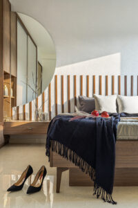 Stylish 4BHK bedroom at Nisarg 33 with modern furnishings curated by P’s design therapy.